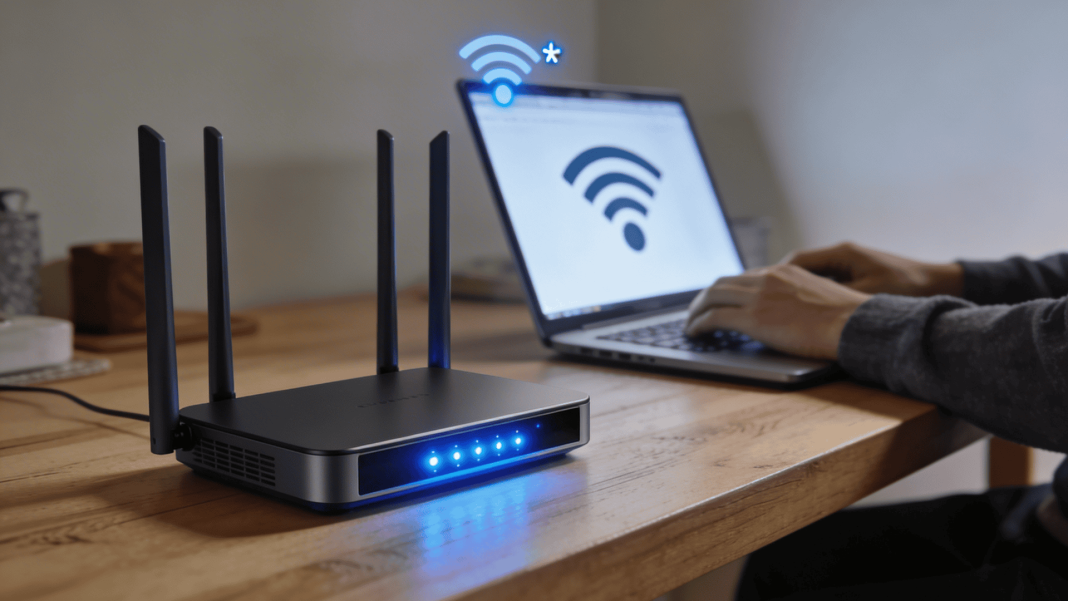 Roteador de internet com luzes acesas em ambiente doméstico moderno.