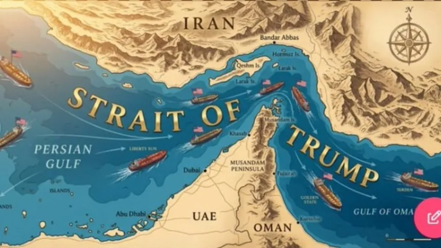 Mapa ilustrativo do Estreito de Ormuz no Oriente Médio focado na rota de navios petroleiros entre o Irã e Omã.