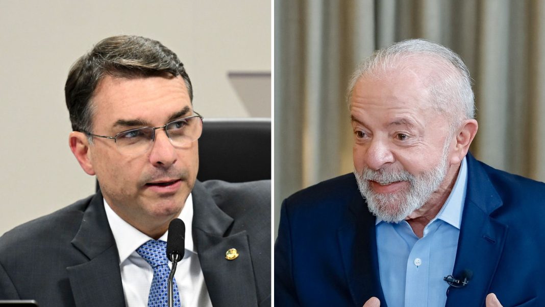 Gráfico da pesquisa eleitoral Datafolha 2026 mostrando o empate técnico entre os candidatos Flávio Bolsonaro e Lula.