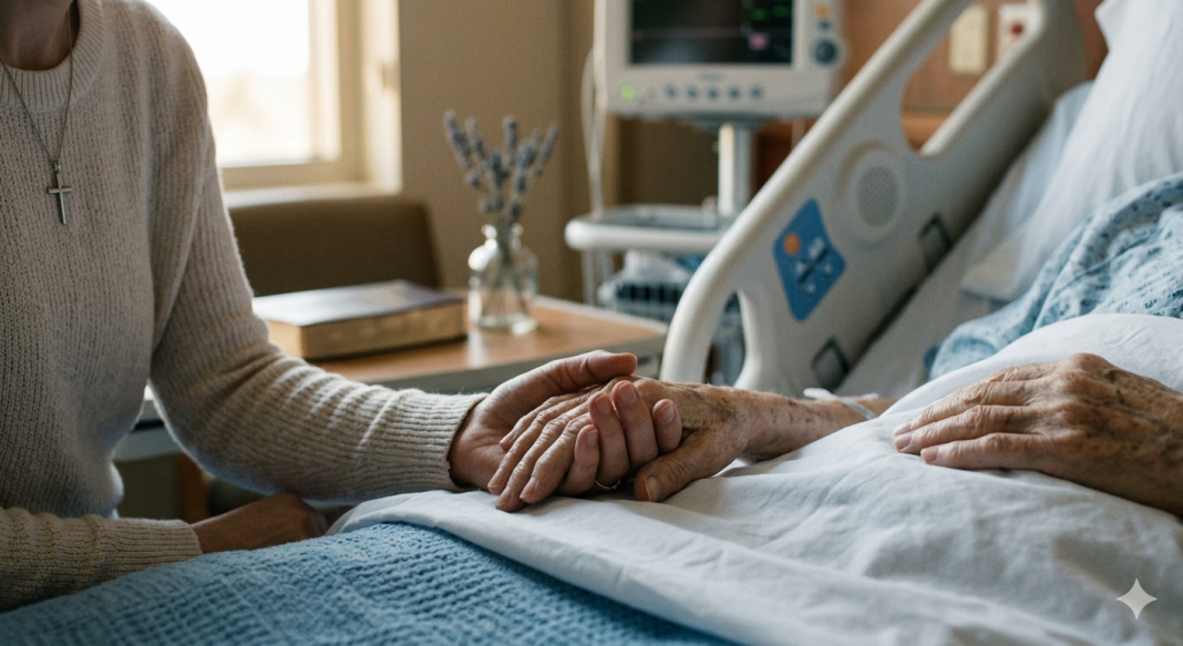 Imagem reflexiva mostrando uma mão segurando a outra, simbolizando apoio e cuidado humano em momentos de fragilidade.