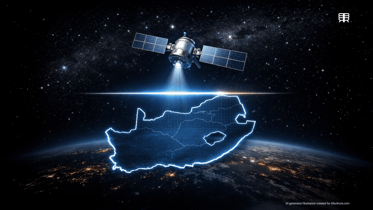 Ilustração do satélite Starlink orbitando a Terra com a bandeira da África do Sul ao fundo.