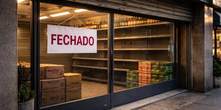 : Fachada de uma grande loja de varejo fechada com placa de vende-se, ilustrando a crise financeira empresarial.