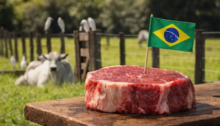 Foto de cortes de carne bovina brasileira com a bandeira da União Europeia ao fundo, representando barreiras comerciais.