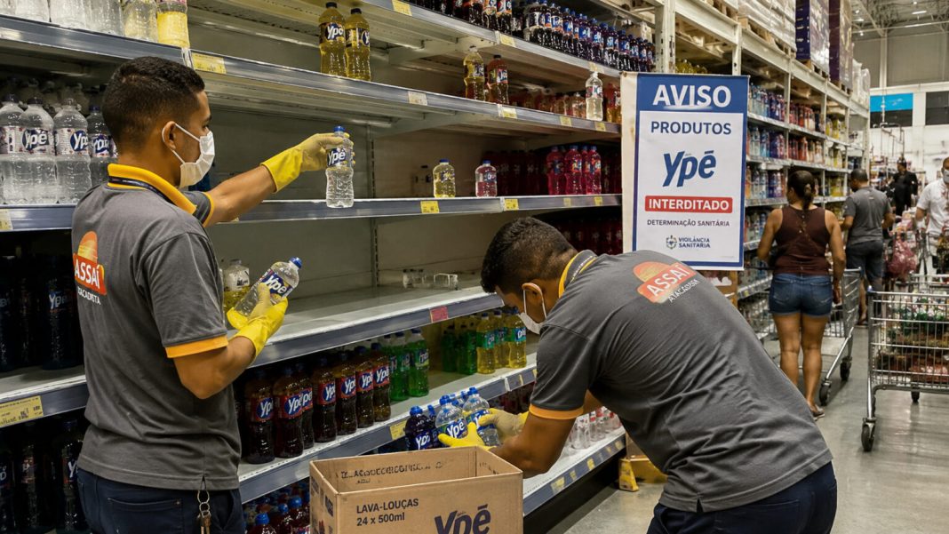 Prateleira de supermercado exibindo produtos de limpeza da marca Ypê sob iluminação clara, ilustrando a retomada das vendas após recurso na Anvisa.