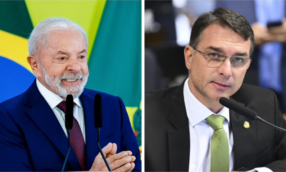 Gráfico estilizado com as intenções de voto da pesquisa eleitoral presidencial do Instituto Gerp para o segundo turno entre Flávio Bolsonaro e Lula.