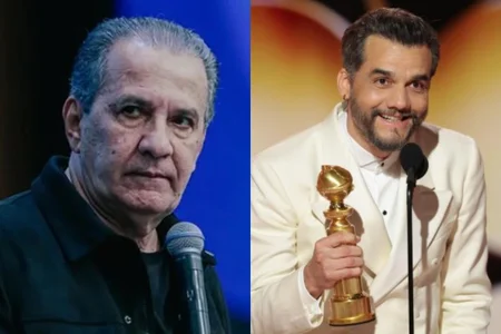 o ator Wagner Moura à esquerda e o pastor Silas Malafaia à direita falando ao microfone.